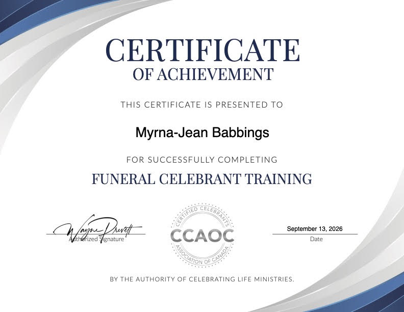 Myrna-Jean Babbings Funeral Celebrant Training certificate dated September 13, 2026