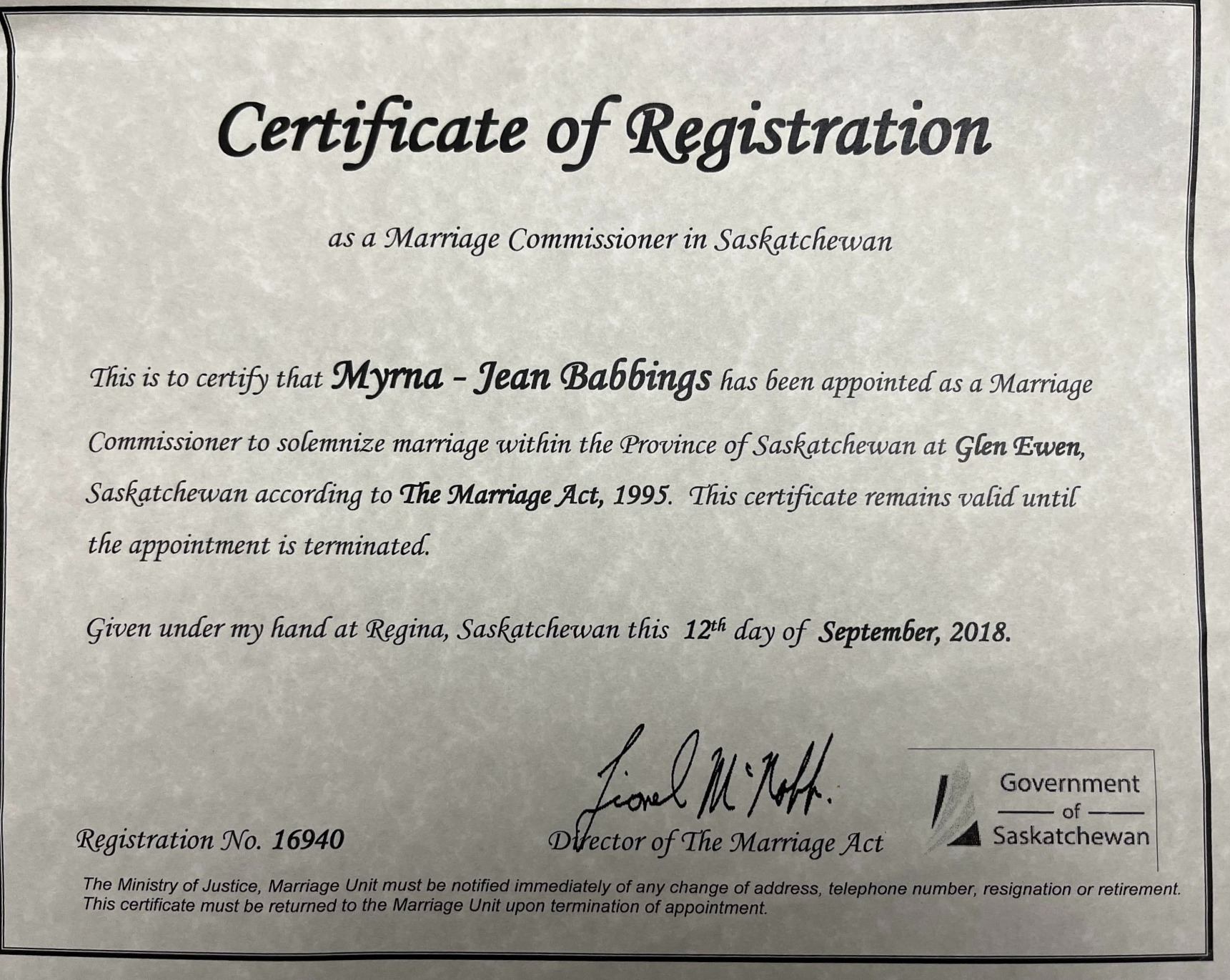 Myrna-Jean Babbings Saskatchewan Marriage Commissioner registration certificate dated September 12, 2018